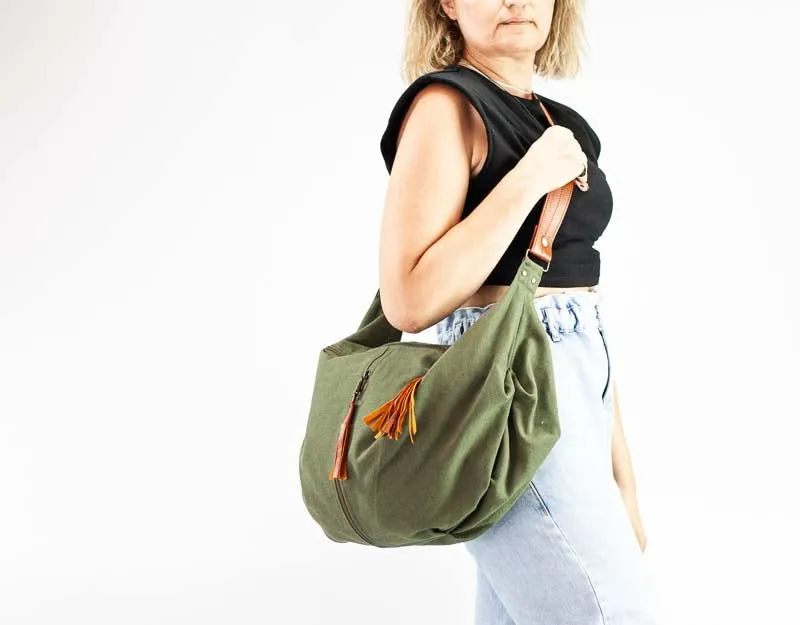 Kallia crossbody bag - Green canvas and brown leather