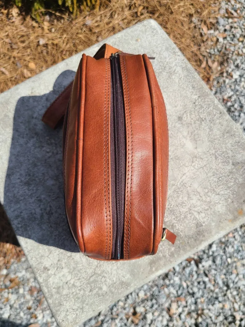 Leather Toiletry Bag - Travel Pouch -  Cognac Brown