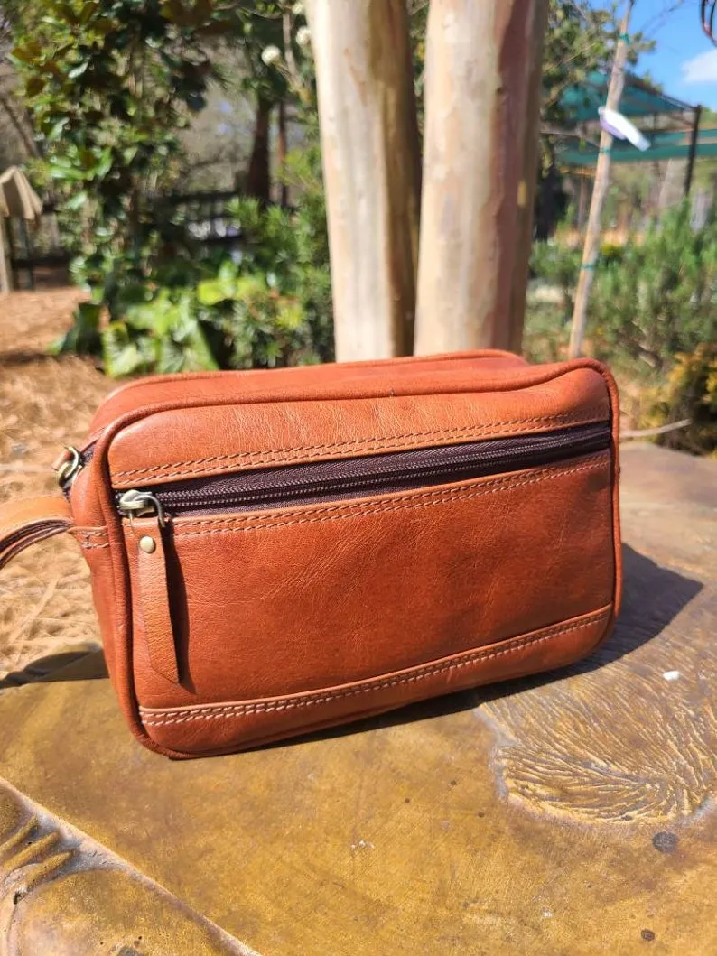 Leather Toiletry Bag - Travel Pouch -  Cognac Brown