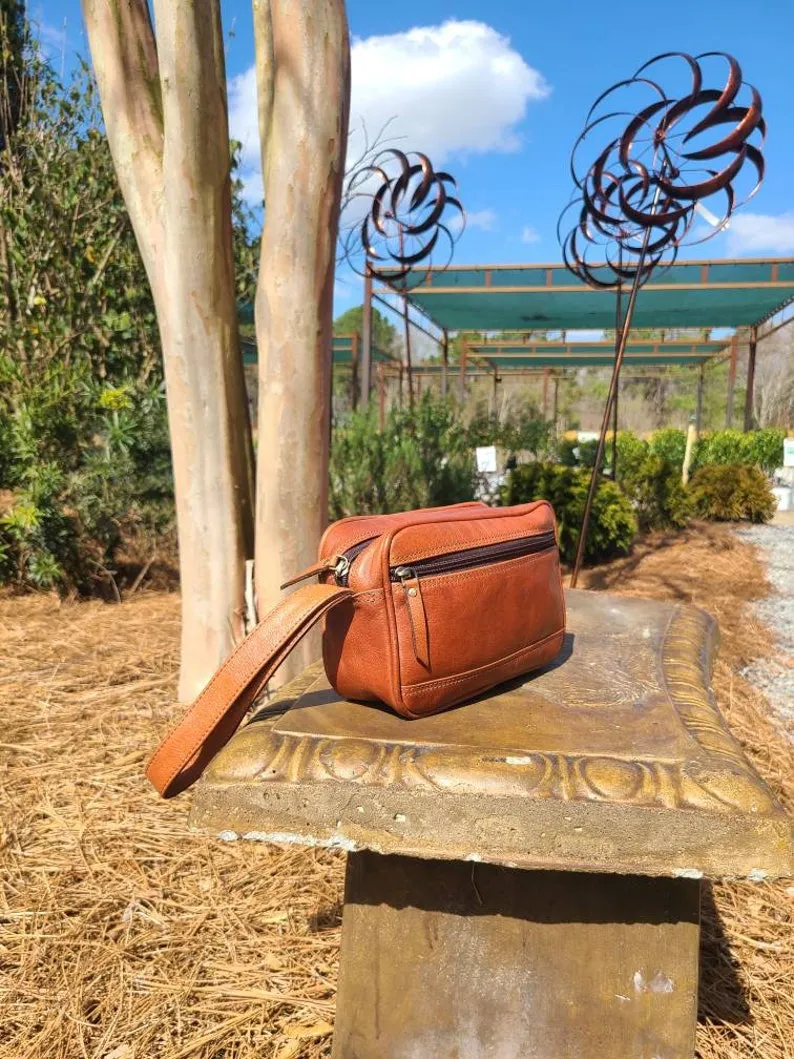 Leather Toiletry Bag - Travel Pouch -  Cognac Brown