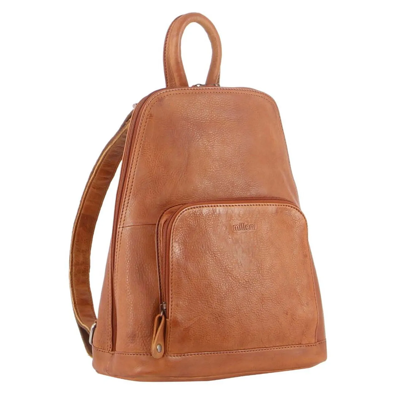 Milleni Genuine Italian Leather Soft Nappa Leather Backpack Bag Travel - Cognac