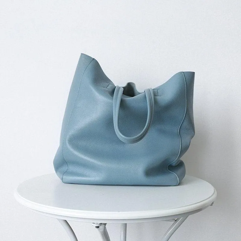 Minimalist Leather Tote Bag, Full Grain Leather Large Tote Bag, Classic Everyday Bag, Birthday gift for her, Light Blue