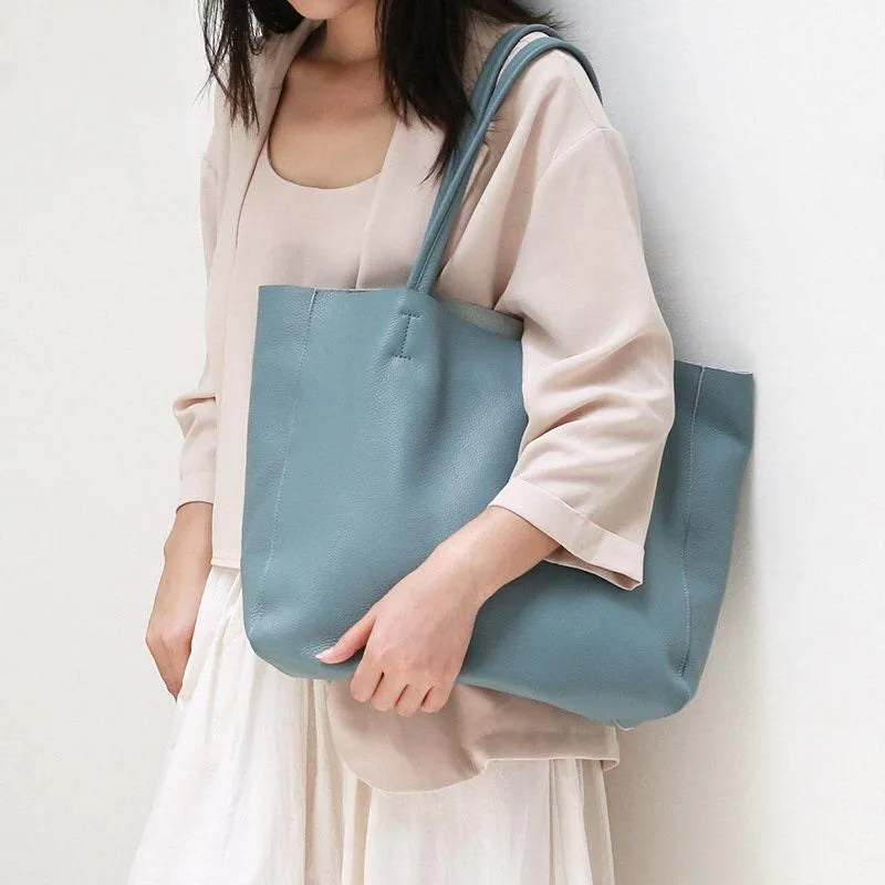 Minimalist Leather Tote Bag, Full Grain Leather Large Tote Bag, Classic Everyday Bag, Birthday gift for her, Light Blue