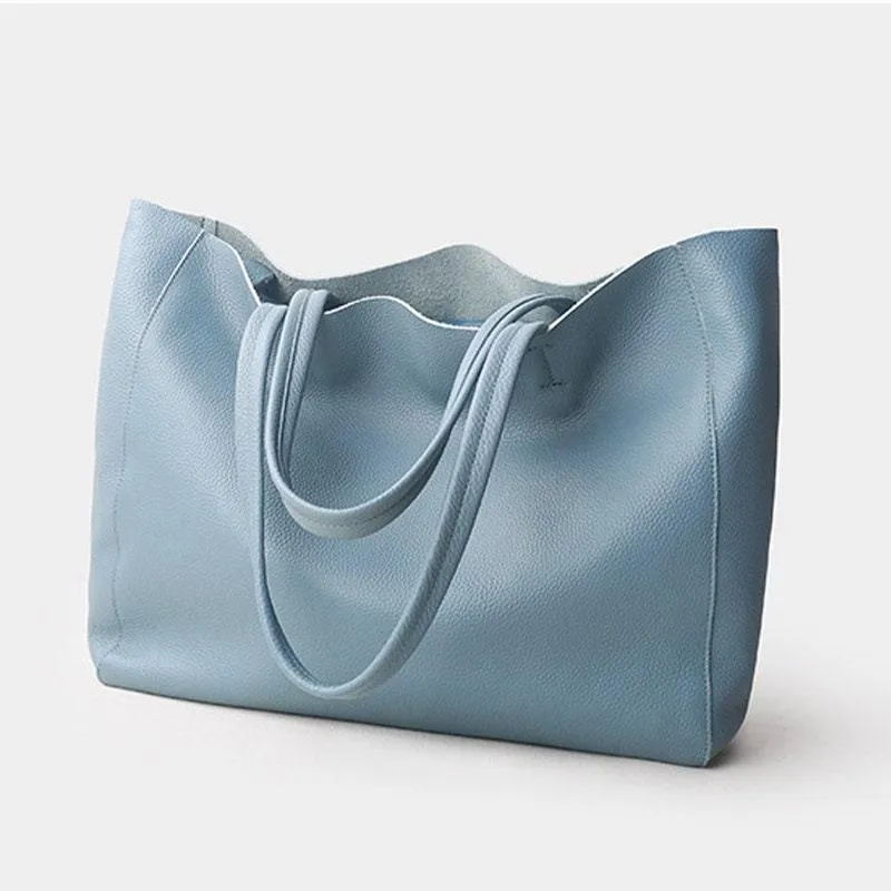 Minimalist Leather Tote Bag, Full Grain Leather Large Tote Bag, Classic Everyday Bag, Birthday gift for her, Light Blue