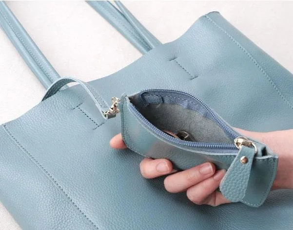 Minimalist Leather Tote Bag, Full Grain Leather Large Tote Bag, Classic Everyday Bag, Birthday gift for her, Light Blue