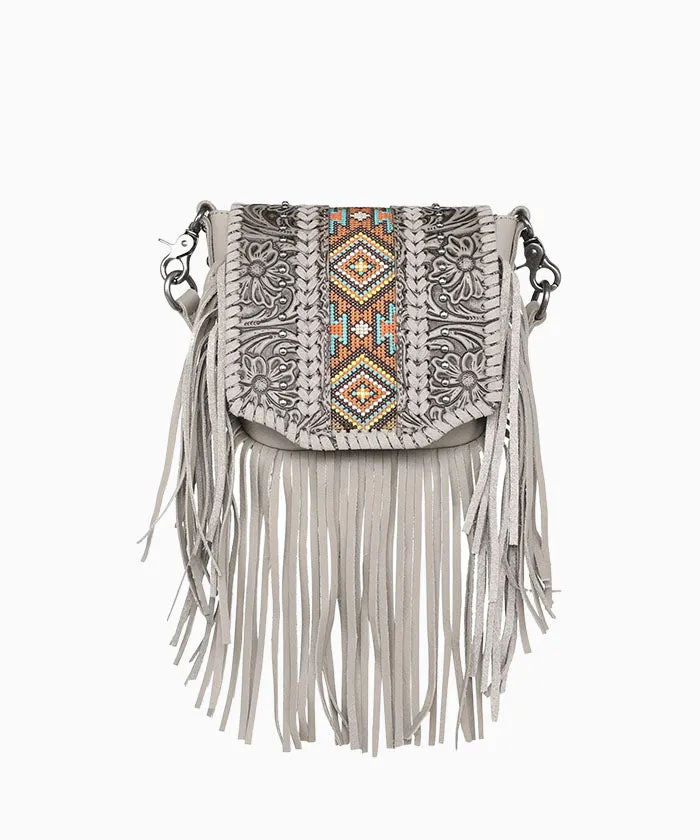 Montana West Genuine Leather Floral Tooled Fringe Crossbody