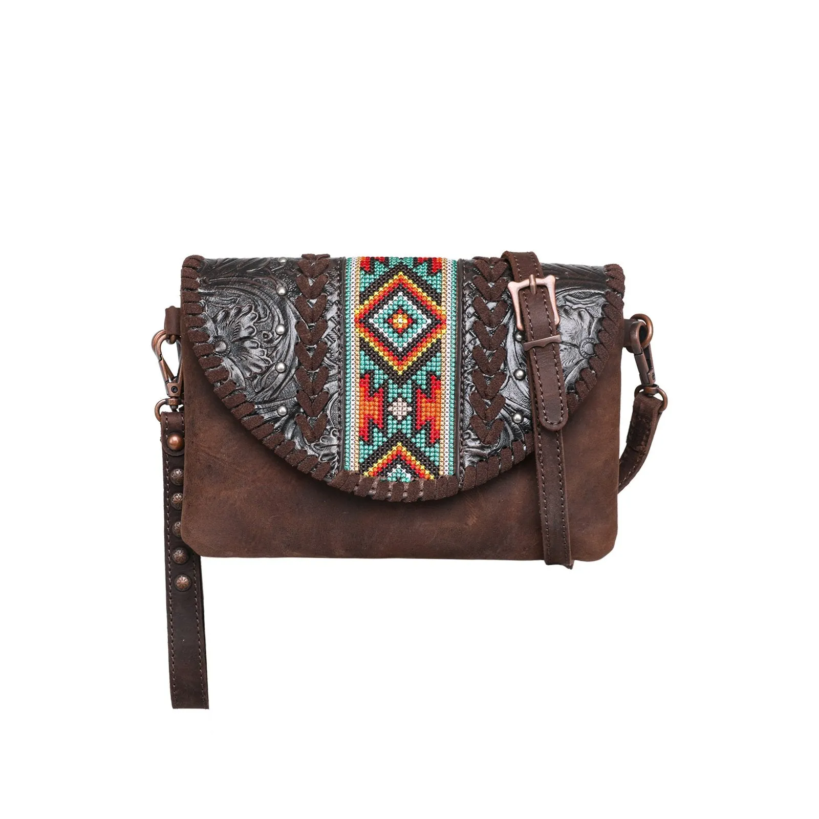 Montana West Real Leather Tooled Crossbody Clutch