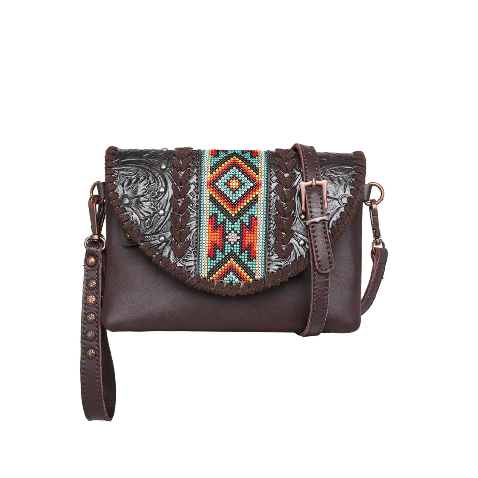 Montana West Real Leather Tooled Crossbody Clutch