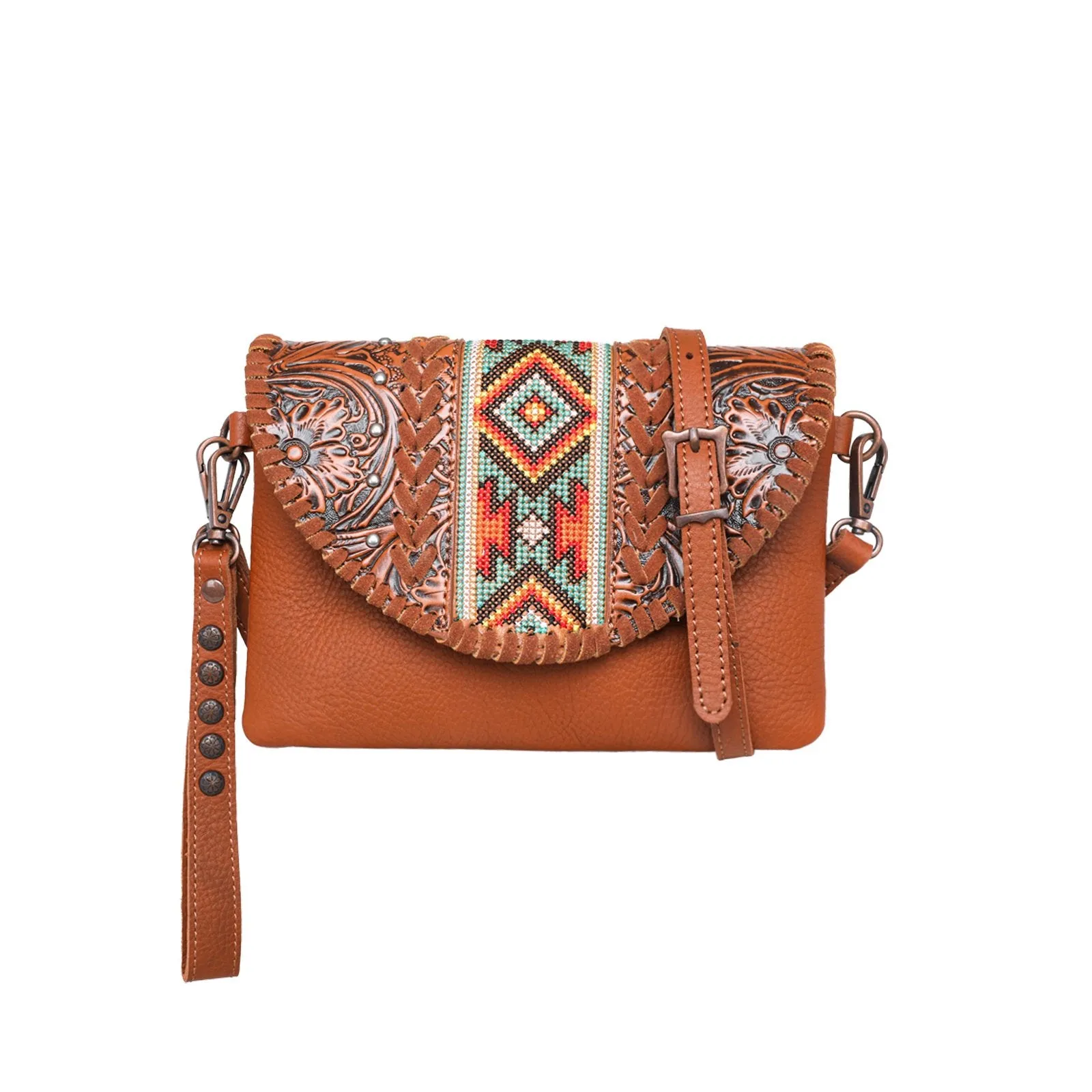 Montana West Real Leather Tooled Crossbody Clutch