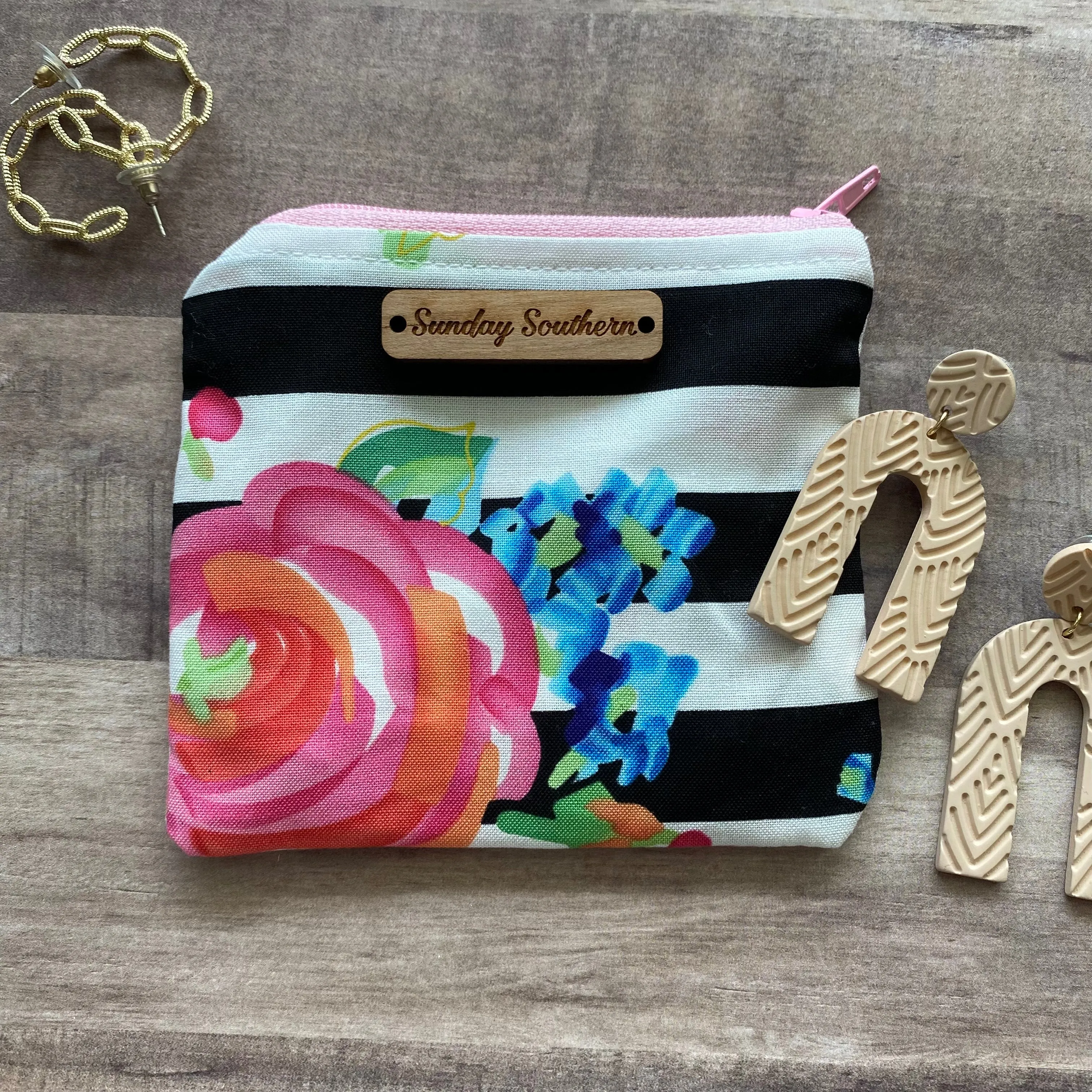 Neon Floral Stripe Mini Zipper Bag