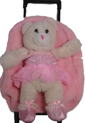 Popatu Kid's Pink Rolling Backpack with Ballerina Bear Stuffed Animal Removable Plush