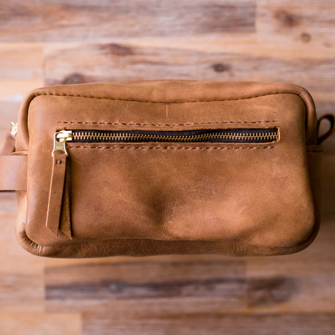 Unisex Genuine Leather Toiletry Bag Tan Edition.