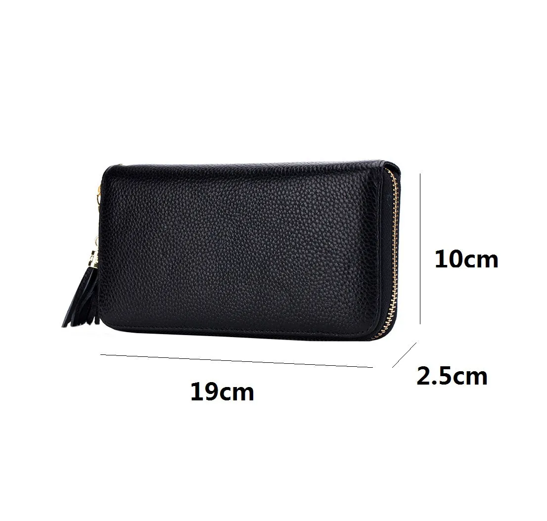 Women's genuine cowhide leather long wallet with tassel and wrist strap