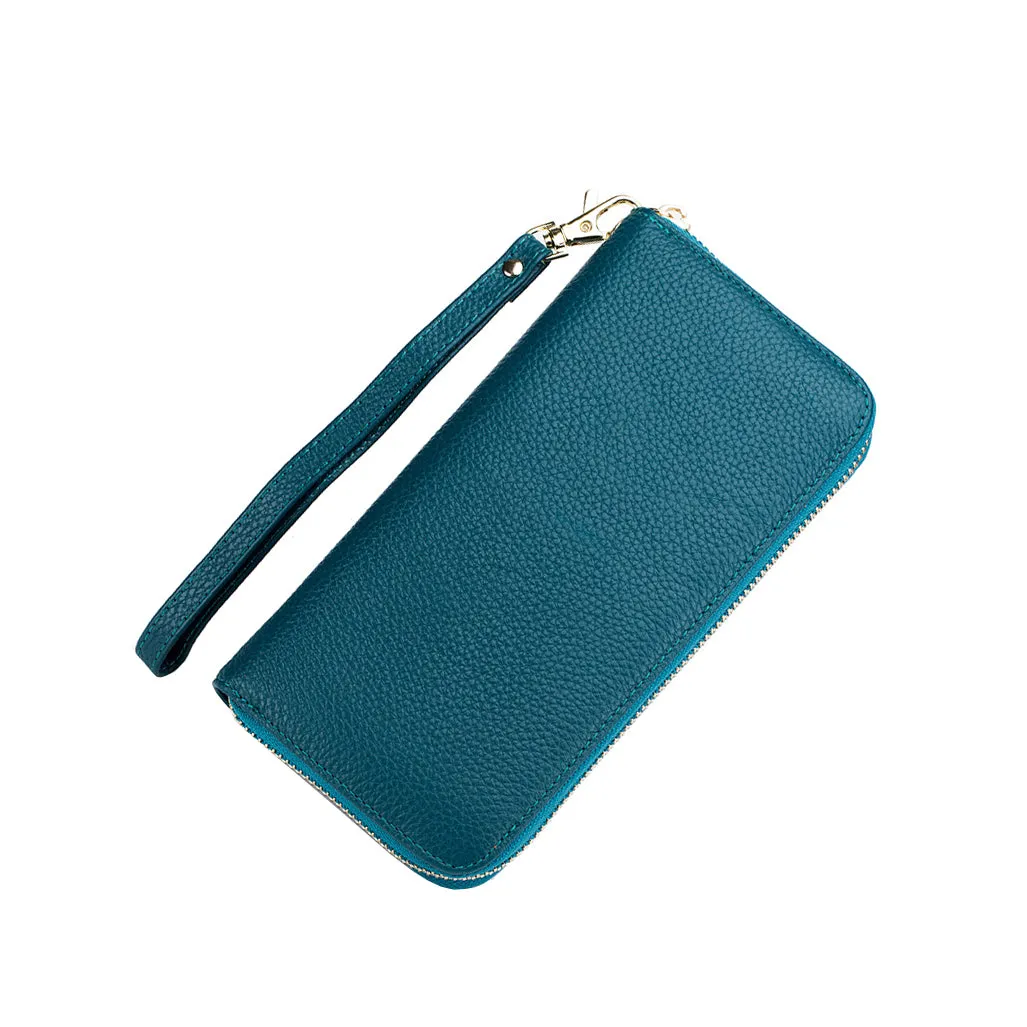 Women's genuine cowhide leather long wallet with tassel and wrist strap