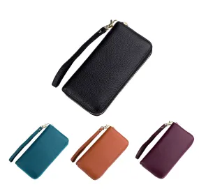 Women's genuine cowhide leather long wallet with tassel and wrist strap