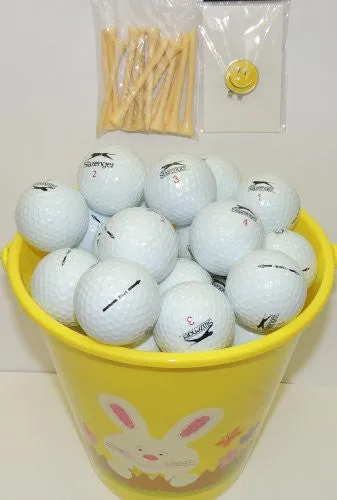 Yellow Easter Pail With 48 Recycled Slazenger Golf Balls & Tee's & Smiley Face Magnetic Golf Ball Marker With Hat Clip